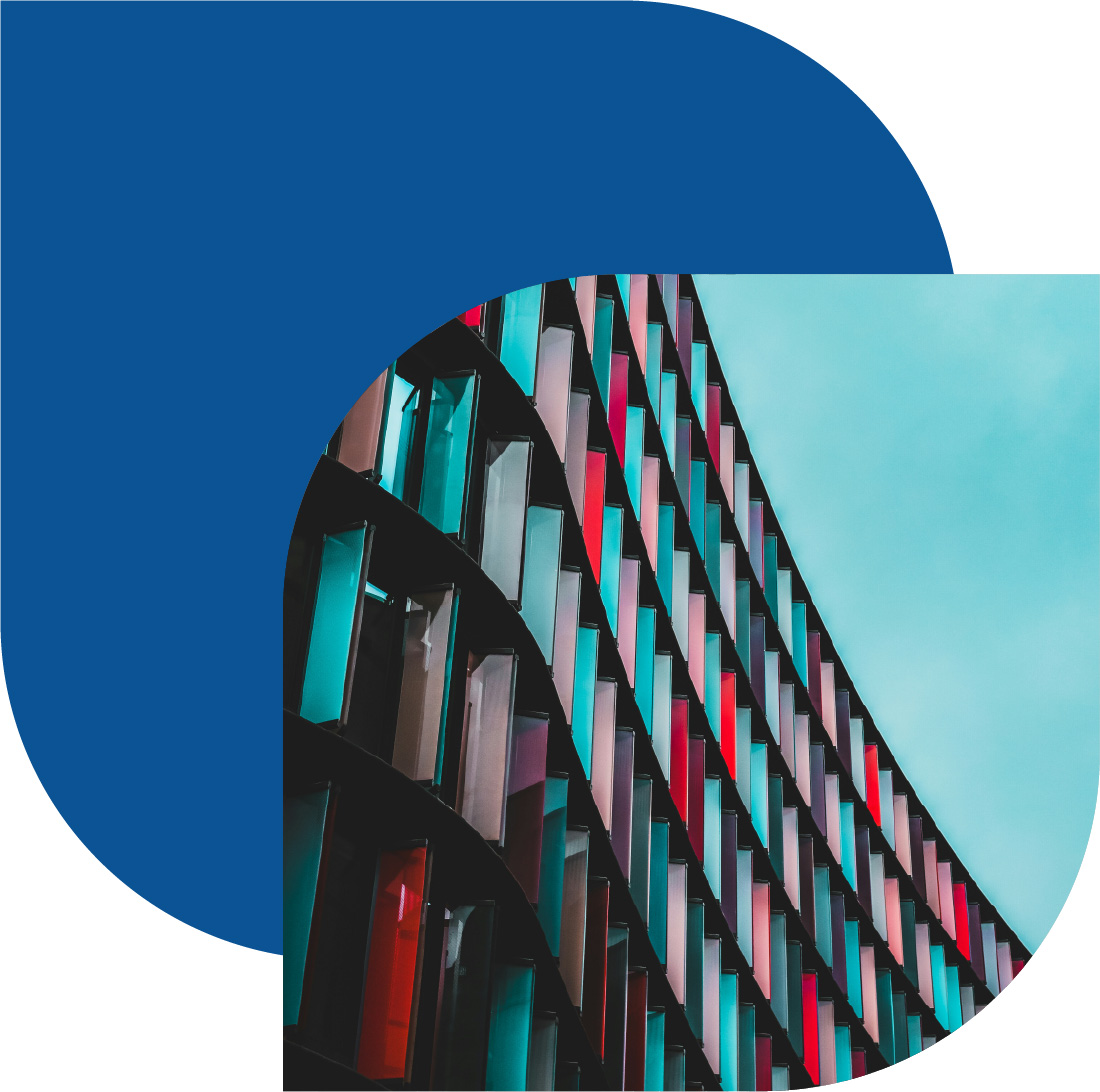 Composition of organic shapes and an abstract view of a building